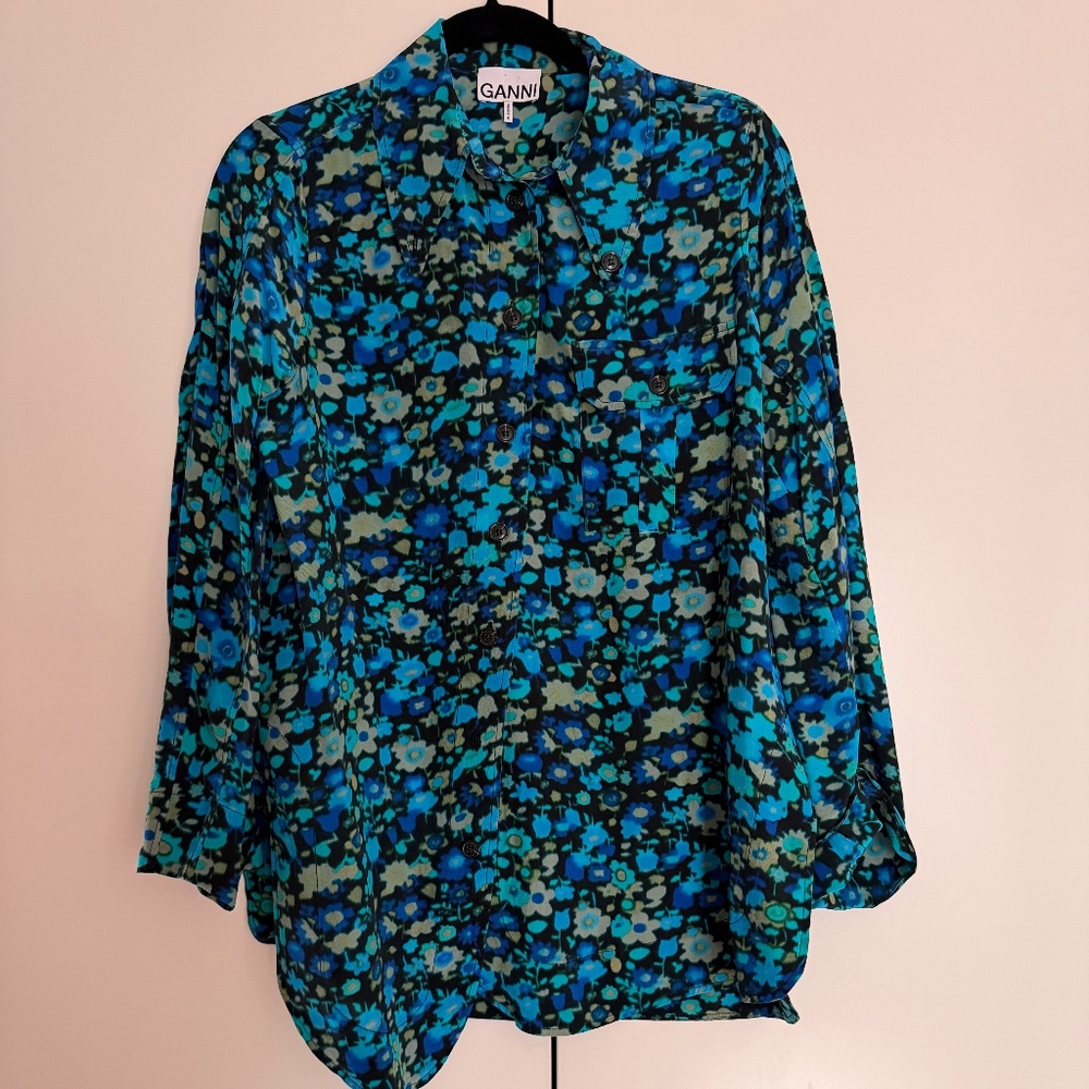 Ganni Silk-Blend Floral Blouse in Blue